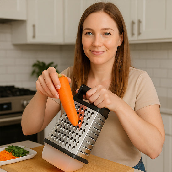 Râpe à carottes utilisée pour cuisiner des légumes frais à la maison