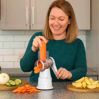Femme tranchant une carotte avec une râpe à légumes manuelle dans une cuisine. Autour d’elle, des tranches de concombre, d’oignon et de pomme sont joliment disposées, illustrant la polyvalence de l’outil.