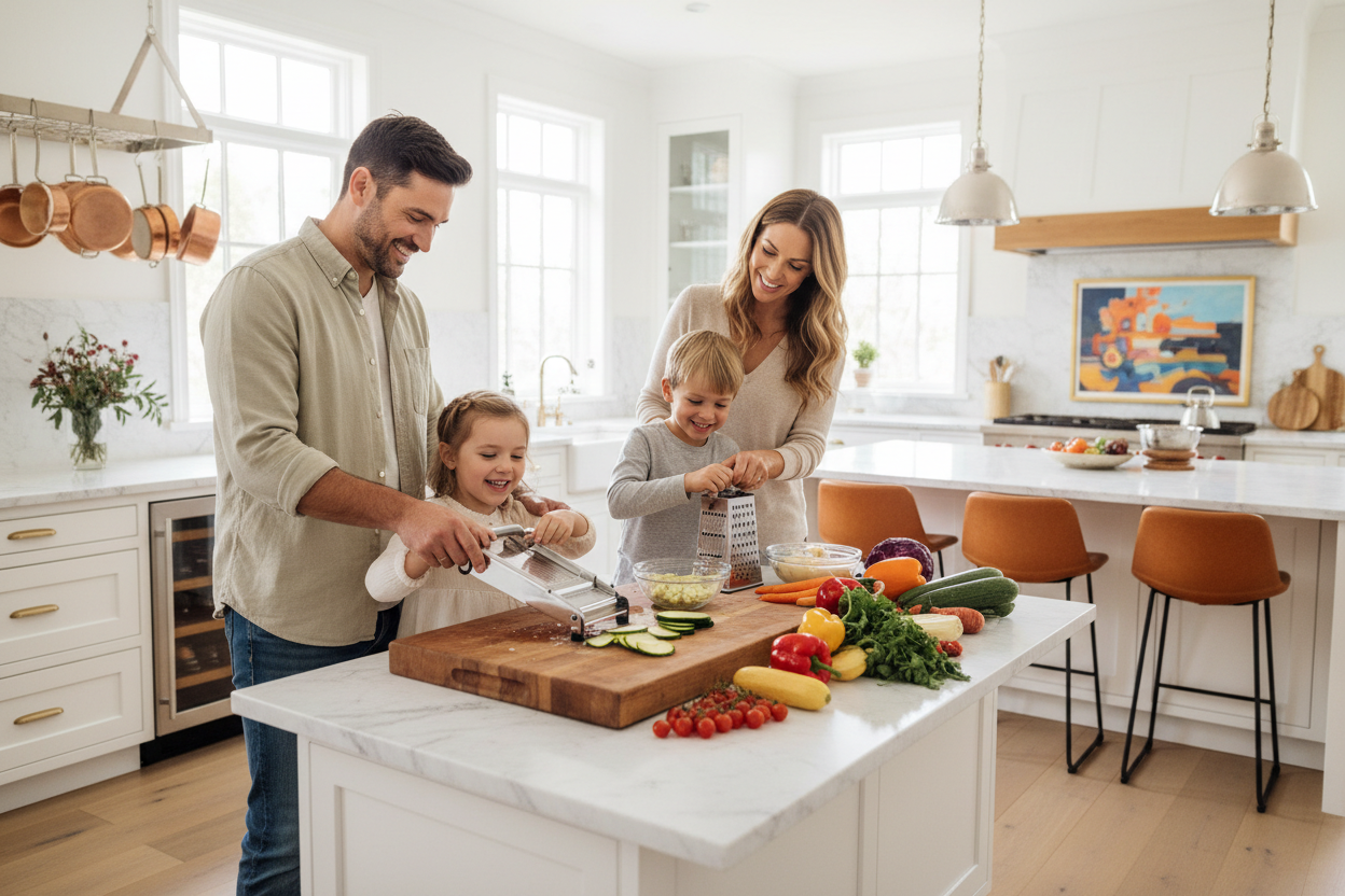 Ustensiles de cuisine de découpe et le plaisir de cuisiner en famille