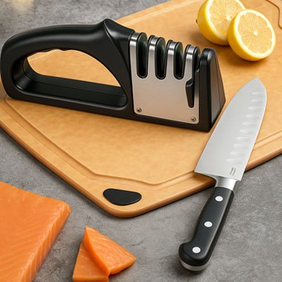 Aiguiseur de couteaux professionnel à trois fentes posé sur une planche à découper en bois, accompagné d’un couteau de chef, de fromage et de citron tranché.