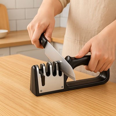 Affûtage d’un couteau avec un aiguiseur de couteaux professionnel sur une surface en bois.