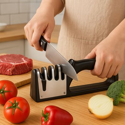 Aiguiseur de couteaux professionnel utilisé près de tomates fraîches et d’un morceau de viande, illustrant une préparation culinaire.