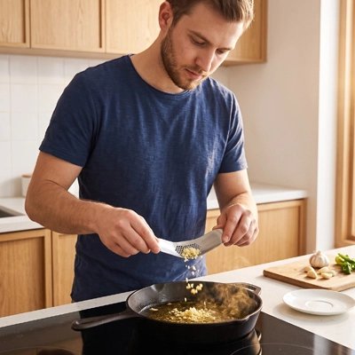 Chef utilisant un presse ail Inox ergonomique pour préparer une sauce maison