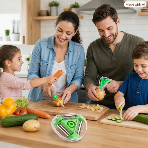 Famille préparant des légumes avec l’éplucheur  magique 3‑en‑1 dans une cuisine conviviale