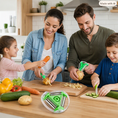 Famille préparant des légumes avec l’éplucheur  magique 3‑en‑1 dans une cuisine conviviale