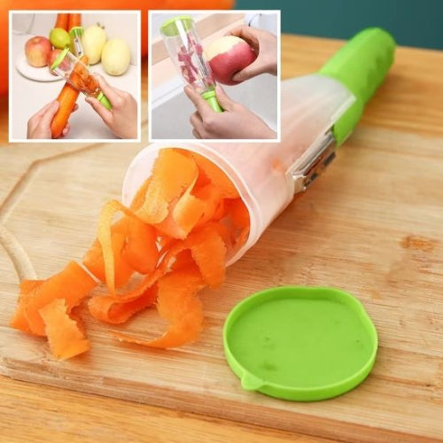 Eplucheur de legumes avec recipient en action sur une carotte, efficace et pratique