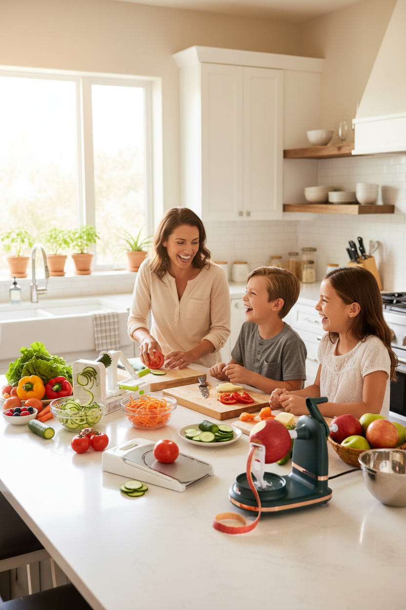 Famille joyeuse avec mandoline, spiraliseur, râpe et épluche-pommes