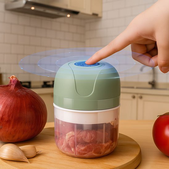 Hachoir électrique activé d'un simple bouton  hacher la viande avec ail, oignon et tomate frais sur planche en bois