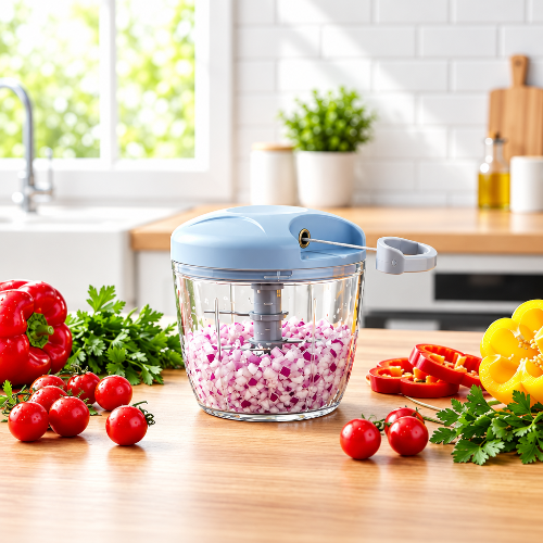 Hachoir manuel à ficelle, produit seul entouré de légumes frais