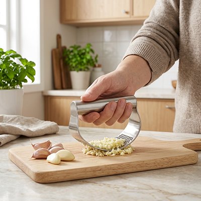 Main écrasant de l’ail avec un presse ail inox ergonomique