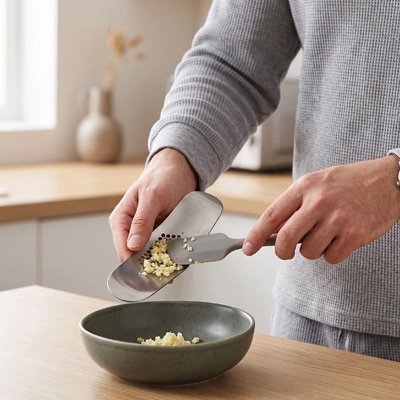Main pressant une gousse d’ail avec un presse ail Inox à grille fine pour texture homogène