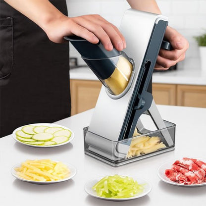 Mandoline cuisine MultiChef Rapide montrant des légumes tranchés uniformément, sûre et efficace