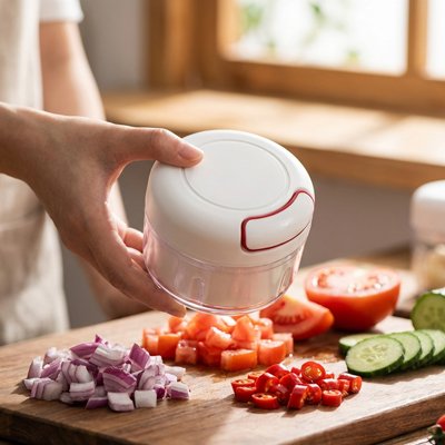  Mini hachoir manuel pour ail et oignons sur un plan de cuisine plyvalent