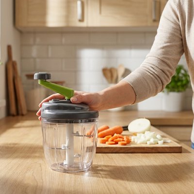 Préparation culinaire avec un hachoir manuel manivelle pour hacher des légumes