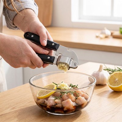 Presse ail avec design ergonomique à poignées antidérapantes