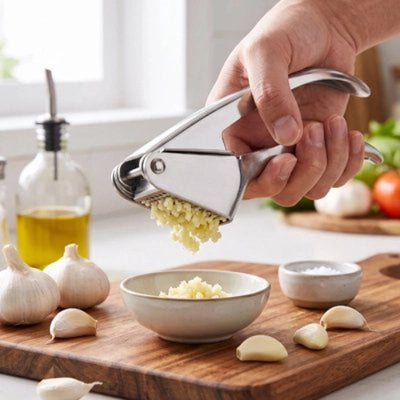 Presse ail en Inox utilisé pour écraser l’ail frais dans une cuisine moderne  