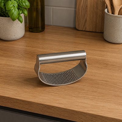 Presse ail inox posé sur un plan de travail moderne, ustensile de cuisine robuste