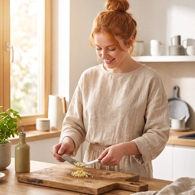 Presse ail Inox compact posé sur plan de travail moderne, ustensile de cuisine durable et élégant