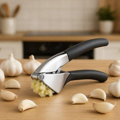 Presse-ail en inox avec poignées noires, utilisé pour écraser de l’ail frais dans une cuisine moderne.