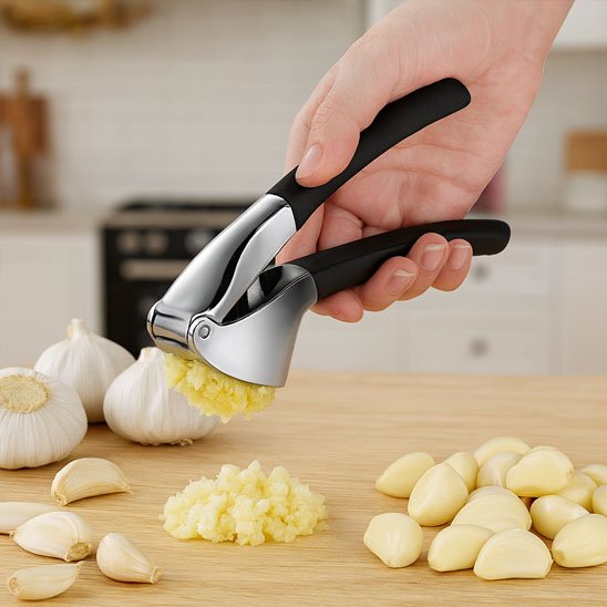 Presse-ail en métal avec poignées noires, utilisé pour écraser de l’ail frais sur plan de travail en bois.


