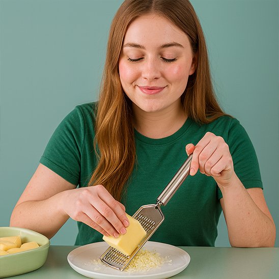 Femme râpant du fromage avec une râpe à fromage en acier inoxydable – outil de cuisine pour gratins et plats chauds
