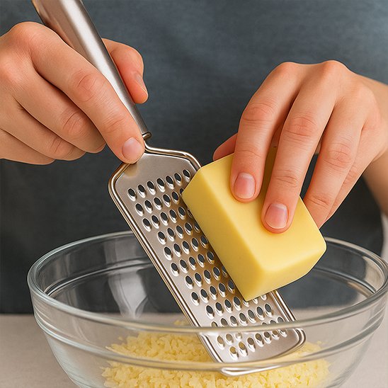Râpe à fromage en acier inoxydable utilisée au-dessus d’un bol – ustensile de cuisine pour fromage dur