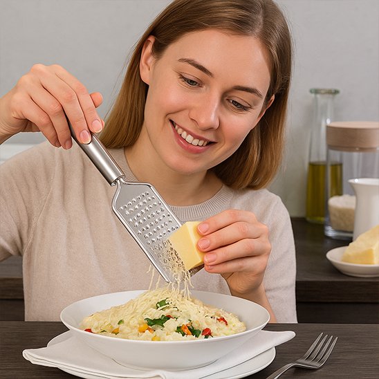 Râpe à fromage inox utilisée pour râper du fromage frais sur des pâtes crémeuses – ustensile cuisine pratique