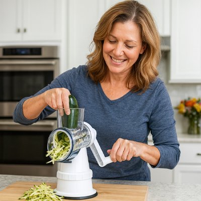 Femme utilisant une râpe à légumes manuelle pour râper une courgette fraîche sur une planche en bois dans une cuisine moderne
